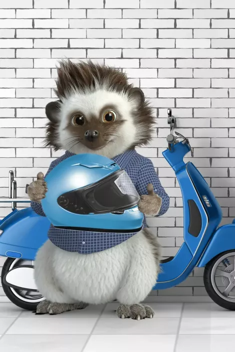 Rizo, mascota de Génesis, sujetando el casco de una moto