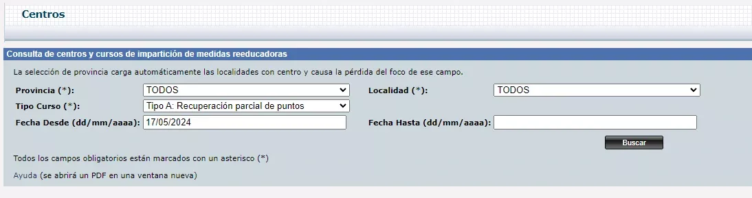 Consulta de centros y cursos de impartición de medidas reeducadoras Gestión de centros de medidas reeducadoras